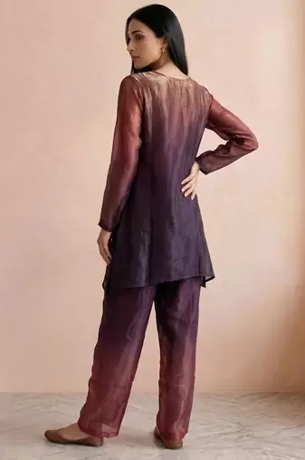 Purple fendi silk tie and dye short kurta with pant