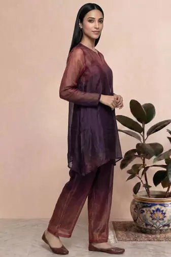 Purple fendi silk tie and dye short kurta with pant