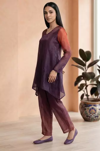 Purple fendi silk tie and dye short kurta with pant