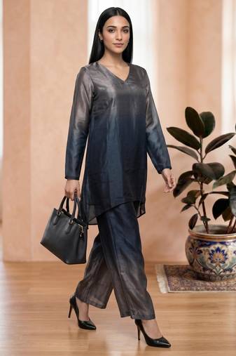 Blue fendi silk tie and dye short kurta with pant