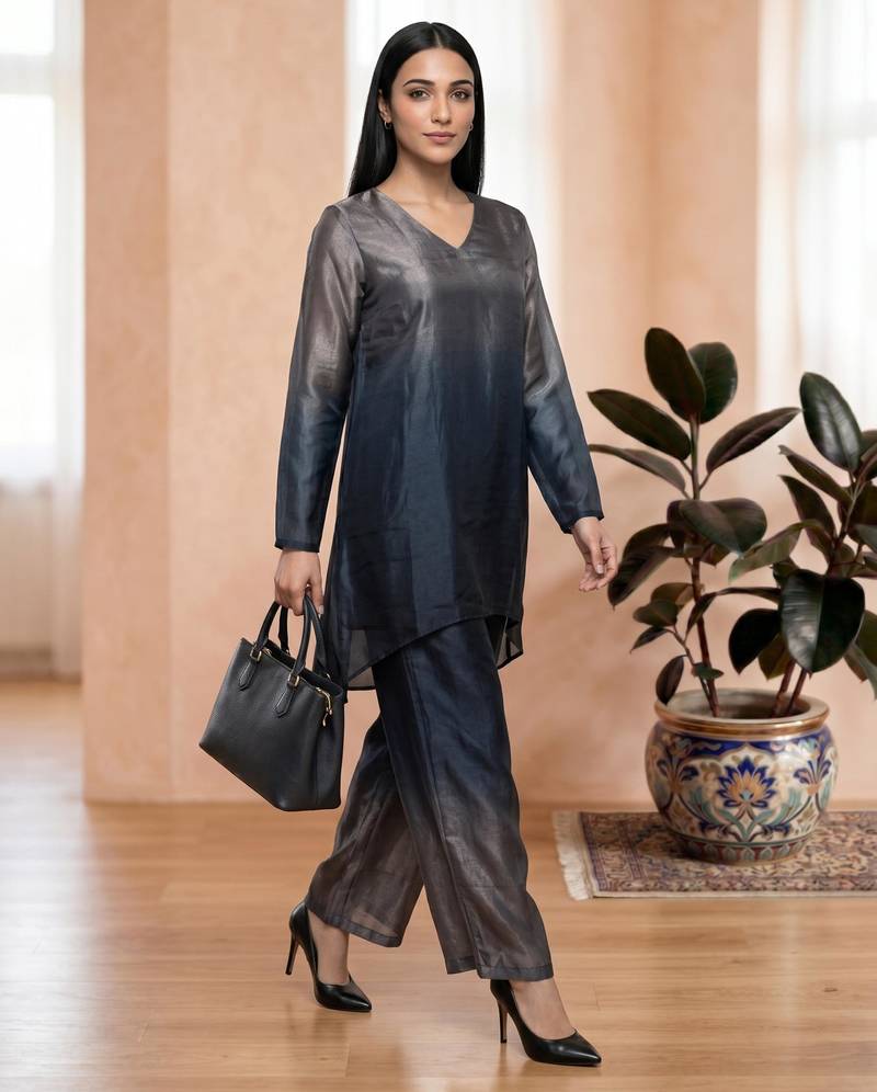 Blue fendi silk tie and dye short kurta with pant