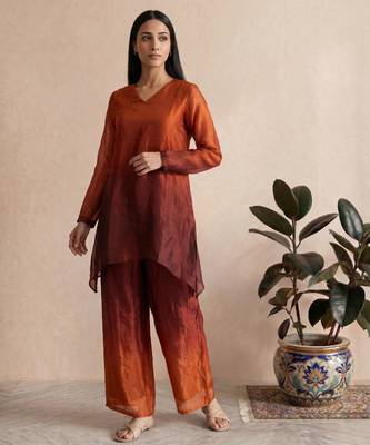 Rust fendi silk tie and dye short kurta with pant 1