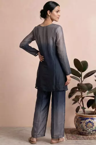 Blue fendi silk tie and dye short kurta with pant