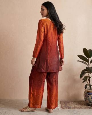 Rust fendi silk tie and dye short kurta with pant 2