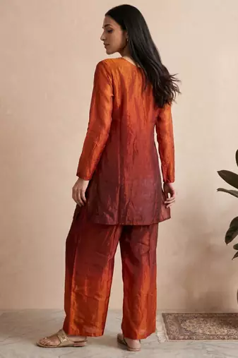 Rust fendi silk tie and dye short kurta with pant