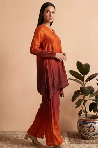 Rust fendi silk tie and dye short kurta with pant