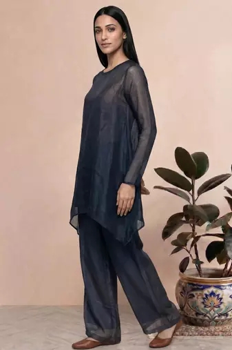 Blue fendi silk tie and dye short kurta with pant
