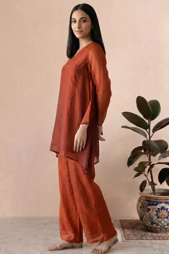 Rust fendi silk tie and dye short kurta with pant