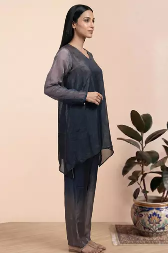 Blue fendi silk tie and dye short kurta with pant