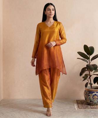 Mustard fendi silk tie and dye short kurta with pant 1