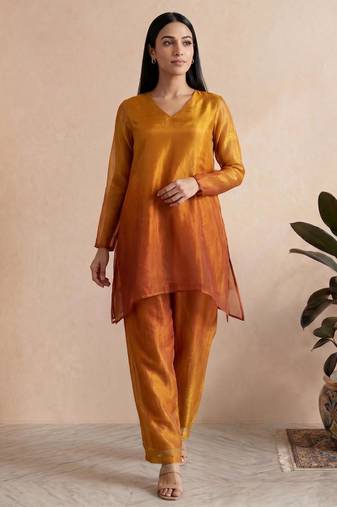Mustard fendi silk tie and dye short kurta with pant