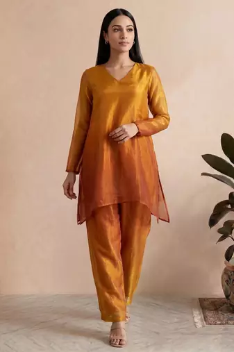 Mustard fendi silk tie and dye short kurta with pant