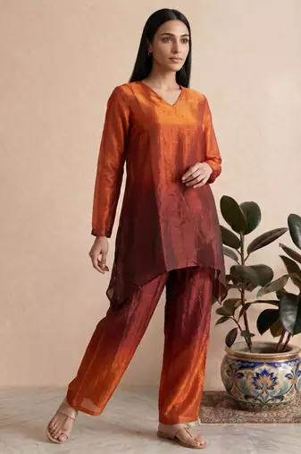 Rust fendi silk tie and dye short kurta with pant