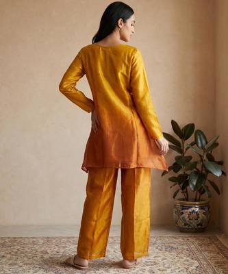 Mustard fendi silk tie and dye short kurta with pant 2