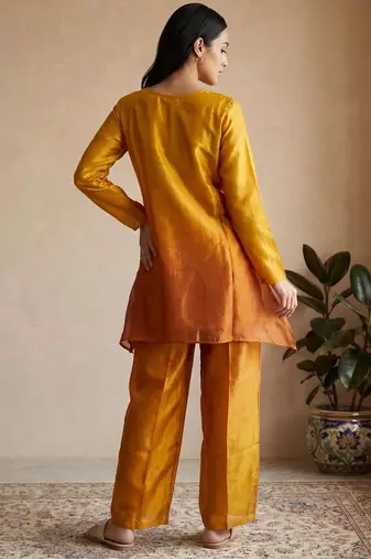 Mustard fendi silk tie and dye short kurta with pant