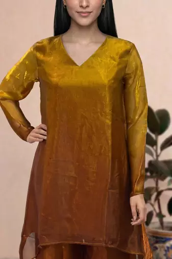 Mustard fendi silk tie and dye short kurta with pant