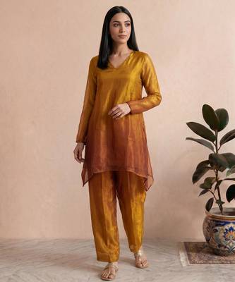 Mustard fendi silk tie and dye short kurta with pant 4
