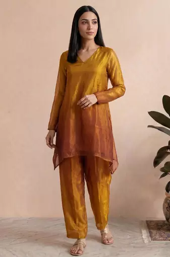 Mustard fendi silk tie and dye short kurta with pant