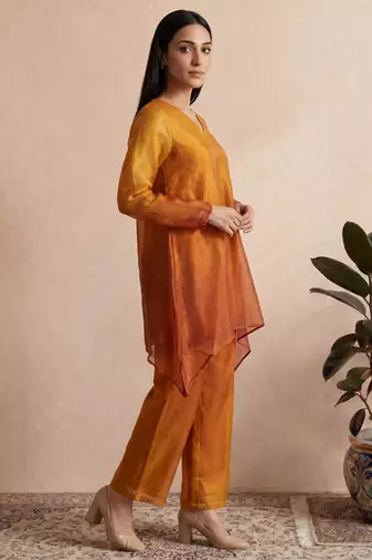 Mustard fendi silk tie and dye short kurta with pant