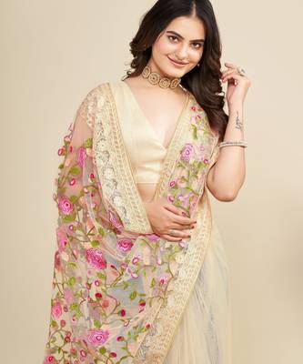 Women Cream Floral Embroidered Designer Saree 2