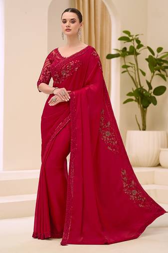 red faux chiffon satin saree