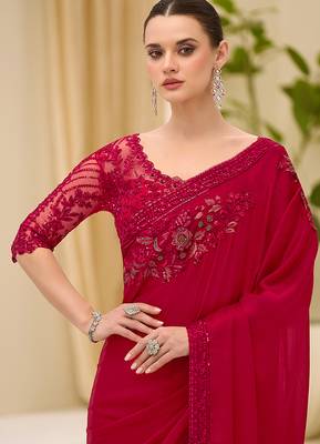 red faux chiffon satin saree 2