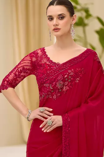 red faux chiffon satin saree