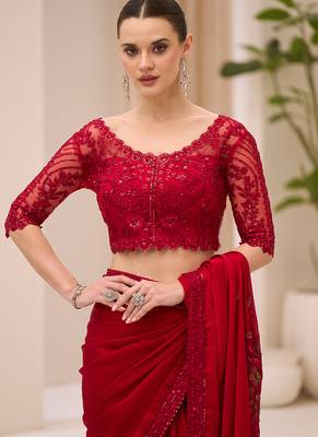 red faux chiffon satin saree 3