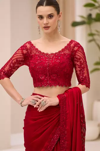 red faux chiffon satin saree