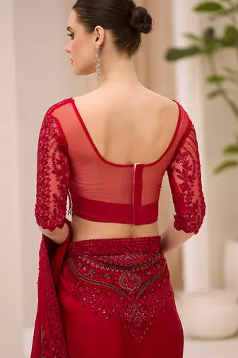 red faux chiffon satin saree