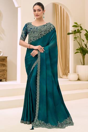 teal faux chiffon satin embroidered saree