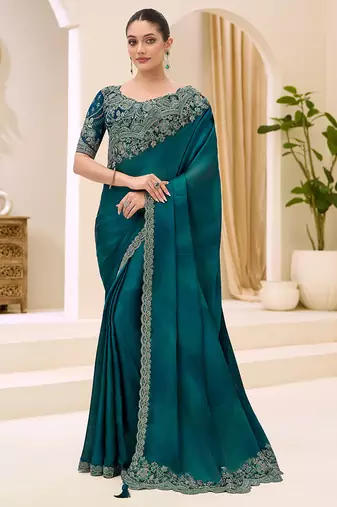 teal faux chiffon satin embroidered saree