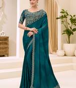 teal faux chiffon satin embroidered saree