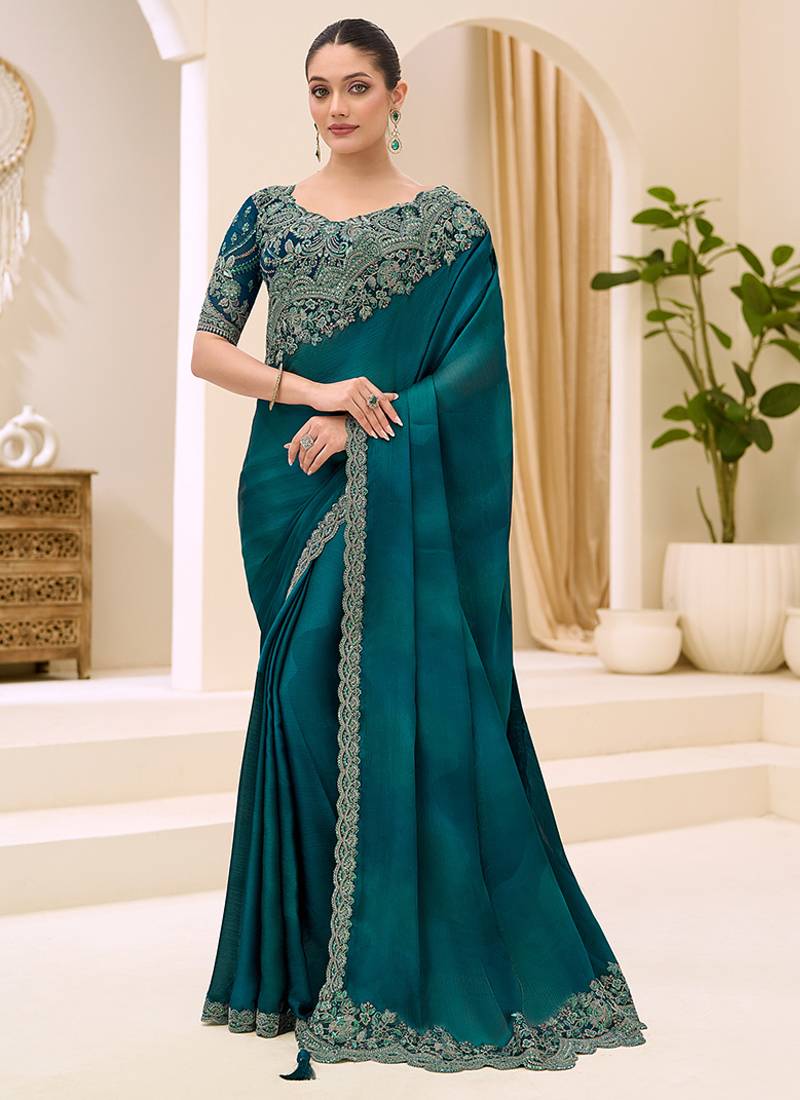 teal faux chiffon satin embroidered saree