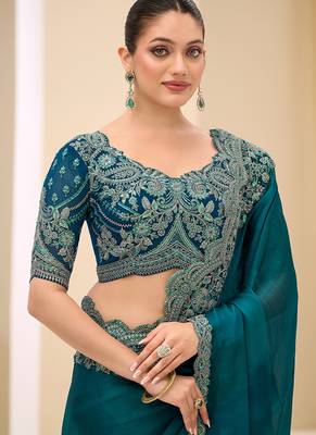 teal faux chiffon satin embroidered saree 2