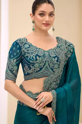 teal faux chiffon satin embroidered saree
