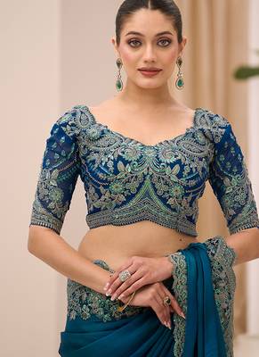 teal faux chiffon satin embroidered saree 3