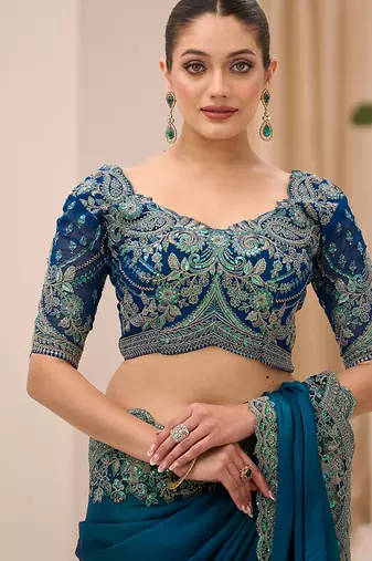 teal faux chiffon satin embroidered saree