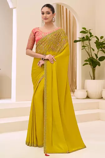 mustard faux chiffon satin saree