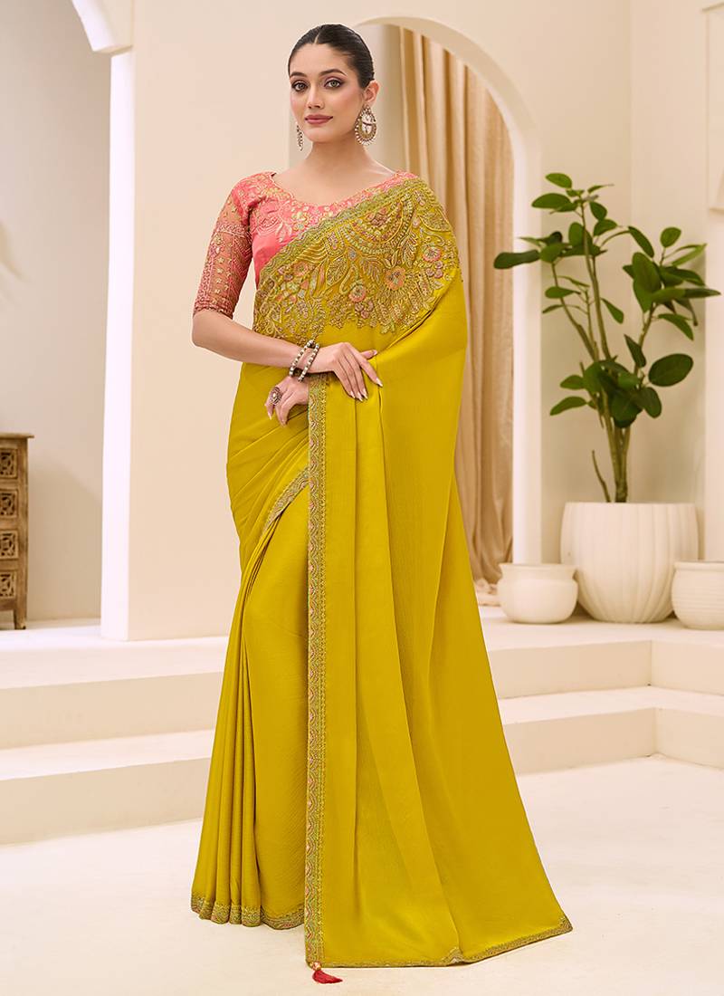 mustard faux chiffon satin saree