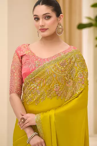mustard faux chiffon satin saree