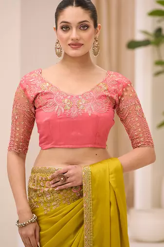 mustard faux chiffon satin saree
