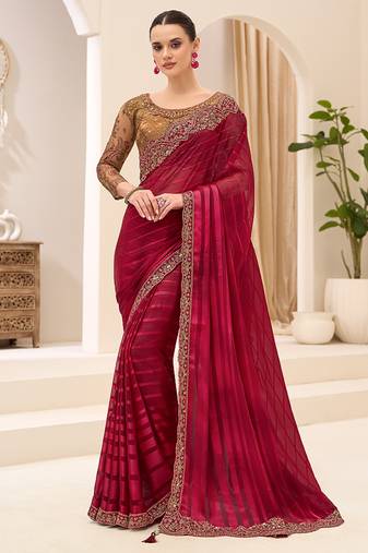 maroon faux georgette satin embroidered saree