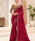 maroon faux georgette satin embroidered saree