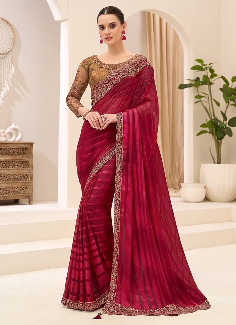 maroon faux georgette satin embroidered saree