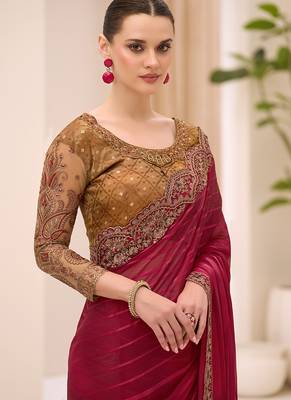 maroon faux georgette satin embroidered saree 2