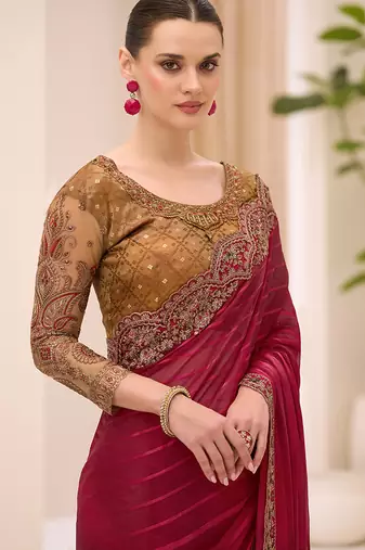 maroon faux georgette satin embroidered saree