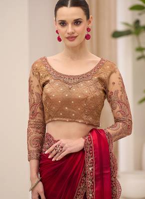 maroon faux georgette satin embroidered saree 3