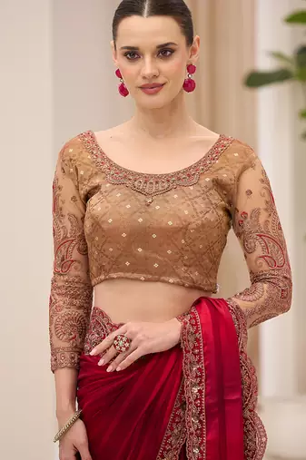 maroon faux georgette satin embroidered saree