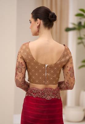 maroon faux georgette satin embroidered saree 4